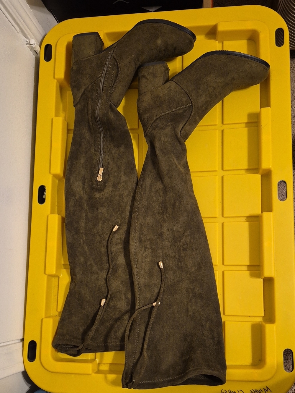 Over-the-Knee Suede Block Heel Boots - Olive